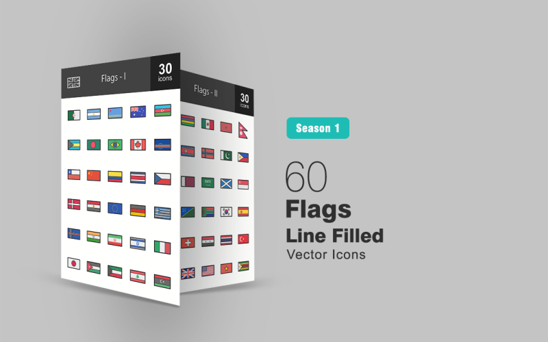 60 Flags Filled Line Icon Set