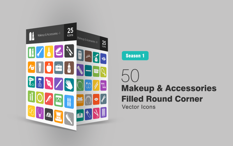 50 Makeup & Accessories Filled Round Corner Icon Set