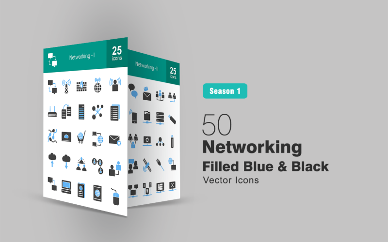 50 Networking Filled Blue & Black Icon Set