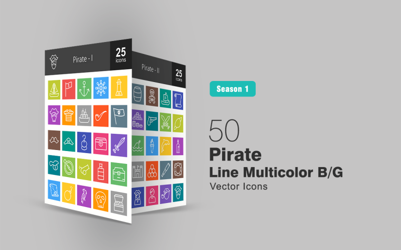50 Pirate Line Multicolor B/G Icon Set