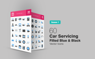 60 Car Servicing Filled Blue & Black Icon Set