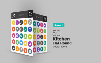 50 Kitchen Flat Round Icon Set