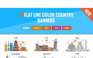 10 Flat Line Color Country Banners Icon Set