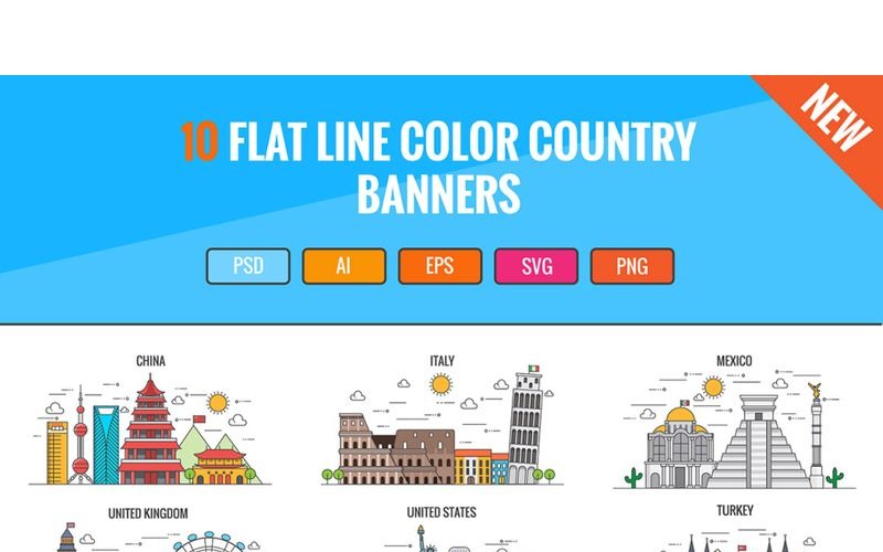 10 Flat Line Color Country Banners Icon Set