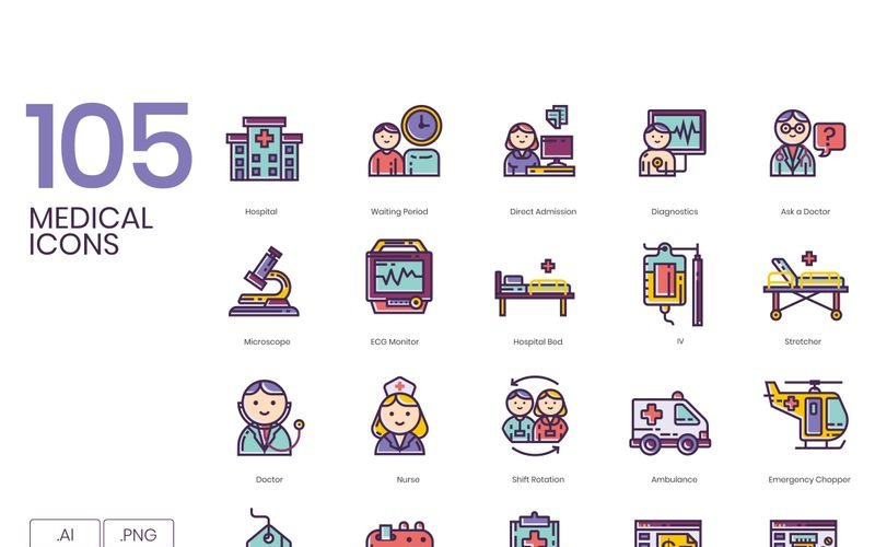 105 Medical Icons - Lilac Series Set Icon Set