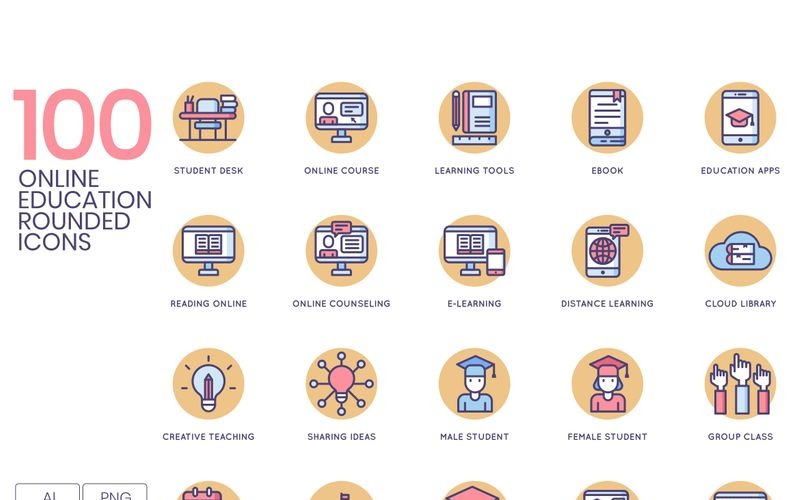 100 Online Education Icons - Butterscotch Series Set Icon Set