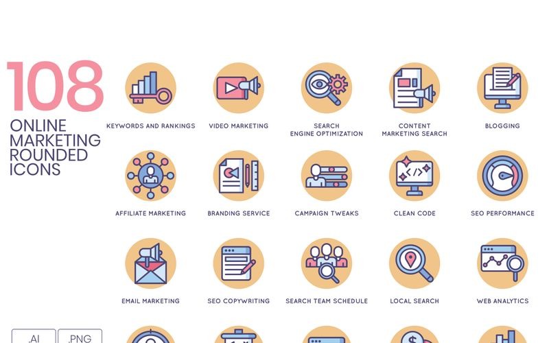 108 Online Marketing Icons - Butterscotch Series Set Icon Set