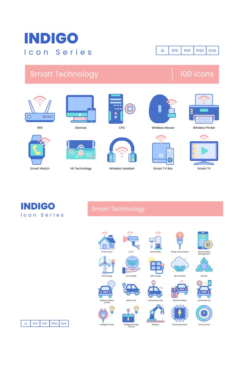 100 Smart Technology Icons - Indigo Series Iconset Template - screenshot