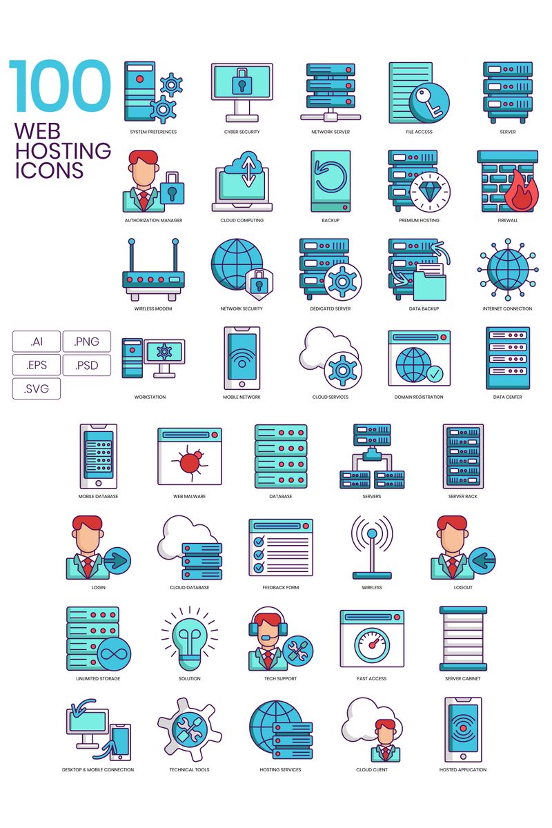 100 Web Hosting Icons - Turquoise Series Iconset Template - screenshot