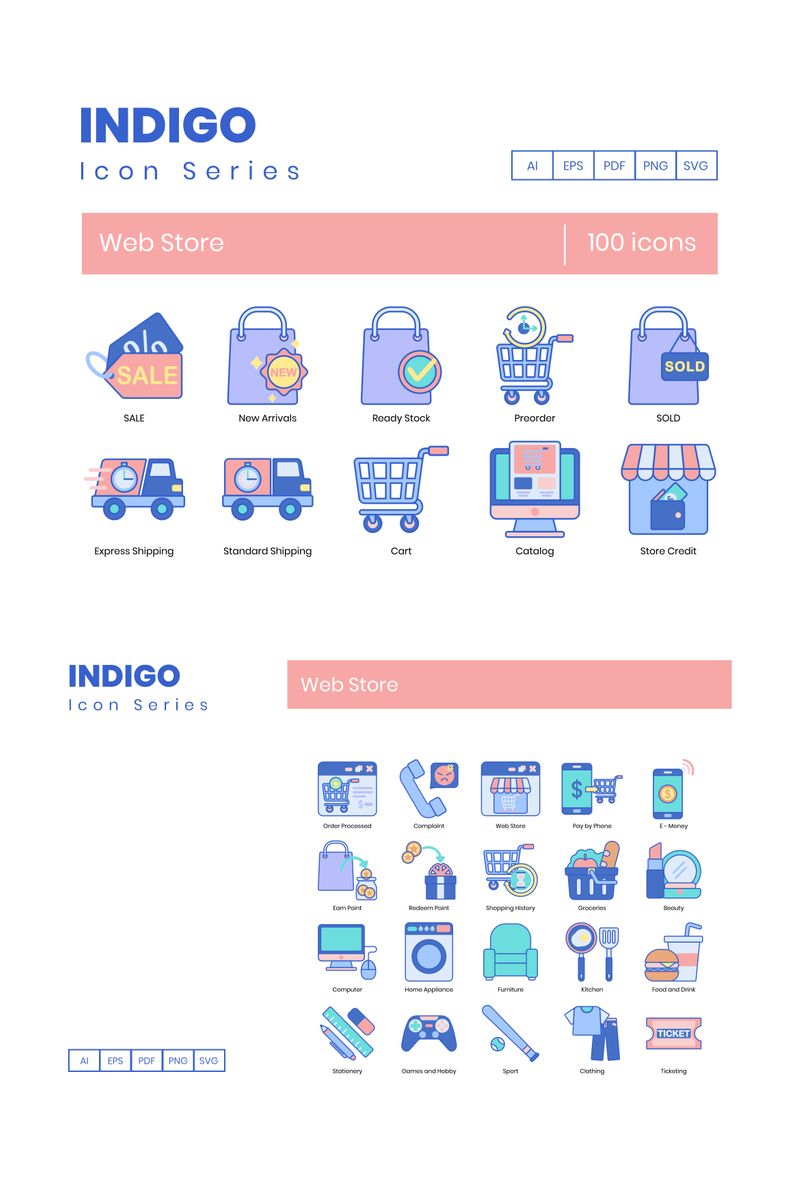 100 Web Store Icons - Indigo Series Iconset Template - screenshot