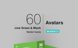 60 Avatars Line Green & Black Icon Set