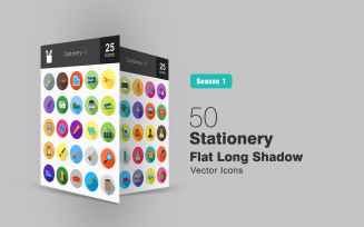 50 Stationery Flat Long Shadow Icon Set