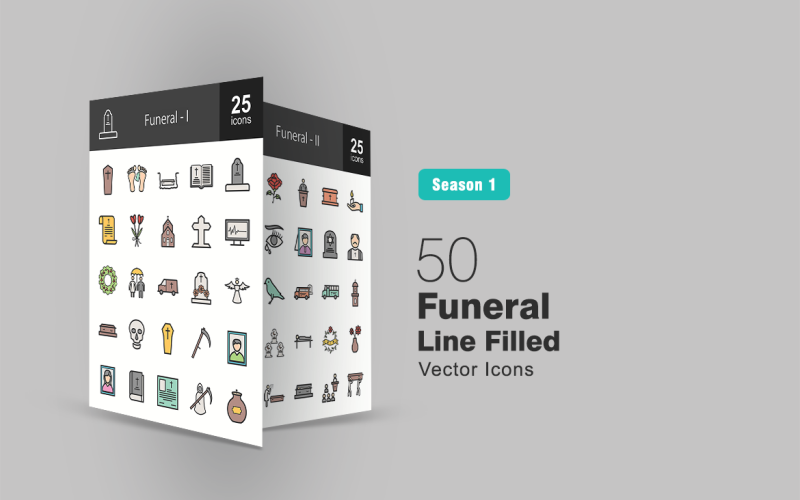 50 Funeral Filled Line Icon Set