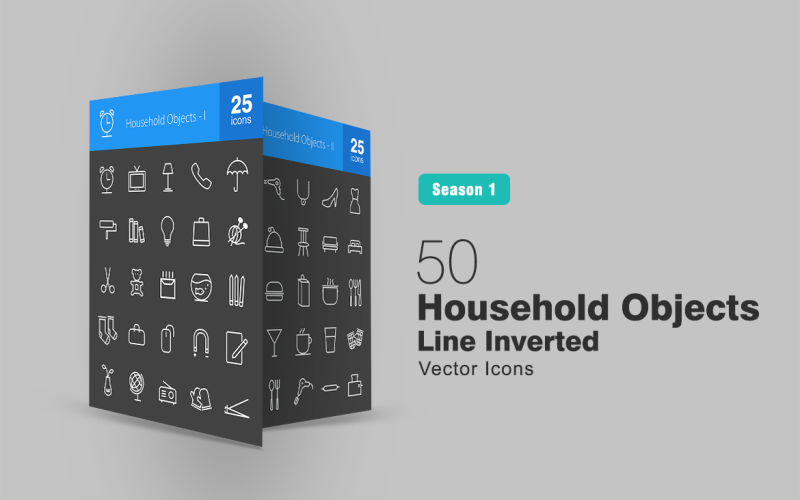 50 Household Objects Line Inverted Icon Set