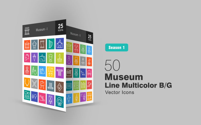 50 Museum Line Multicolor B/G Icon Set