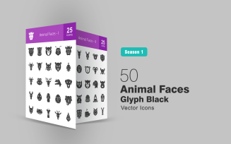 50 Animal Faces Glyph Icon Set