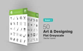 50 Art & Designing Flat Greyscale Icon Set