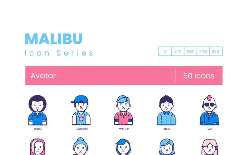 50 Avatar Icons - Malibu Series Set Icon Set