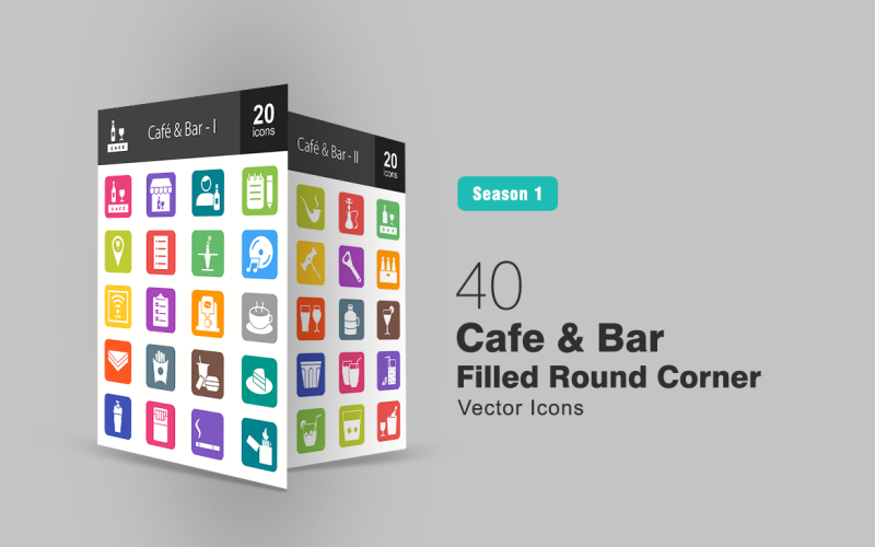 40 Cafe & Bar Filled Round Corner Icon Set