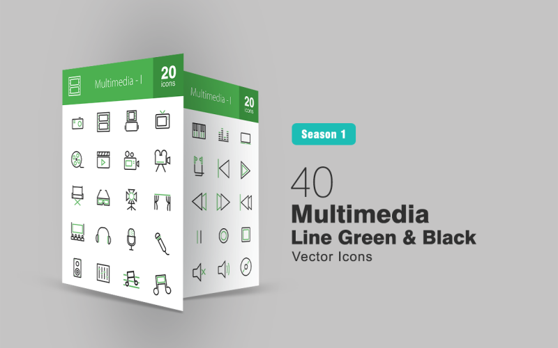 40 Multimedia Line Green & Black Icon Set
