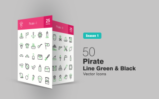 50 Pirate Line Green & Black Icon Set