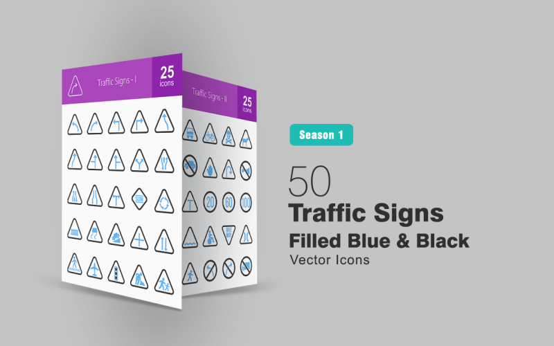 50 Traffic Signs Filled Blue & Black Icon Set