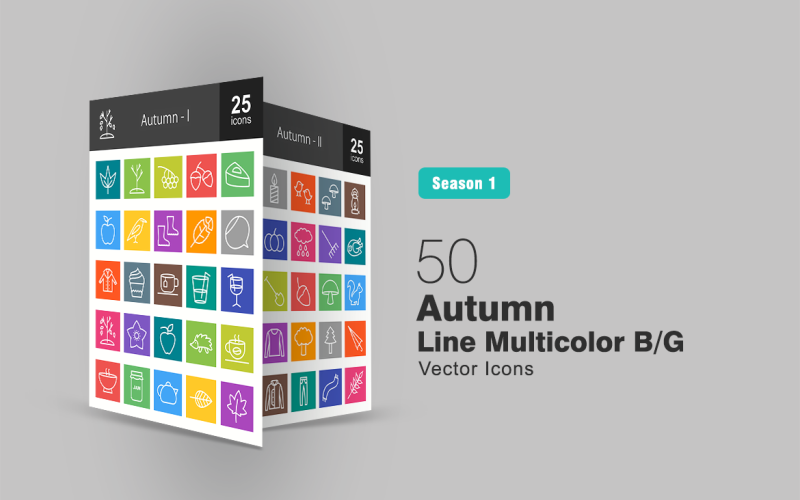 50 Autumn Line Multicolor B/G Icon Set