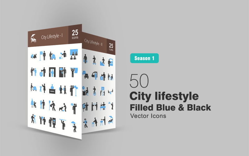 50 City Lifestyle Filled Blue & Black Icon Set