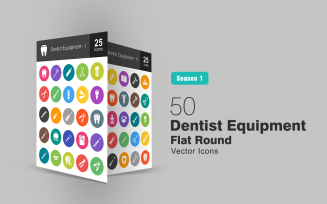 50 Dentist Equipment Flat Round Icon Set