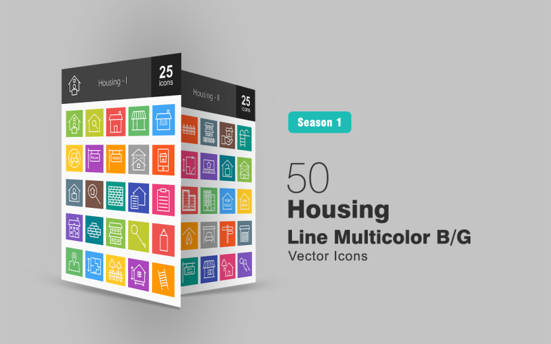 50 Housing Line Multicolor B/G Icon Set