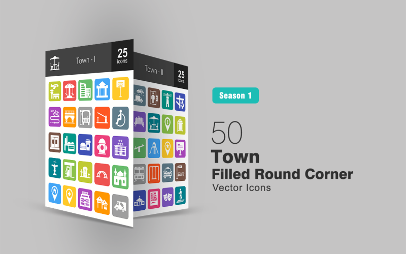 50 Town Filled Round Corner Icon Set