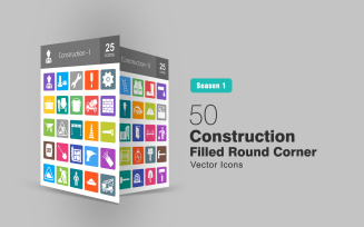 50 Construction Filled Round Corner Icon Set