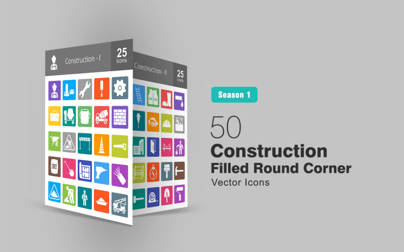 50 Construction Filled Round Corner Icon Set