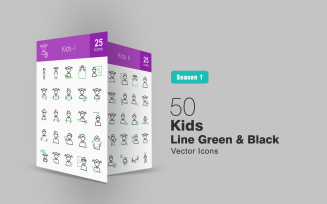 50 Kids Line Green & Black Icon Set