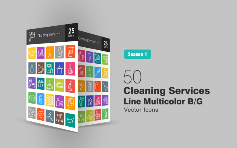 50 Cleaning Services Line Multicolor B/G Icon Set
