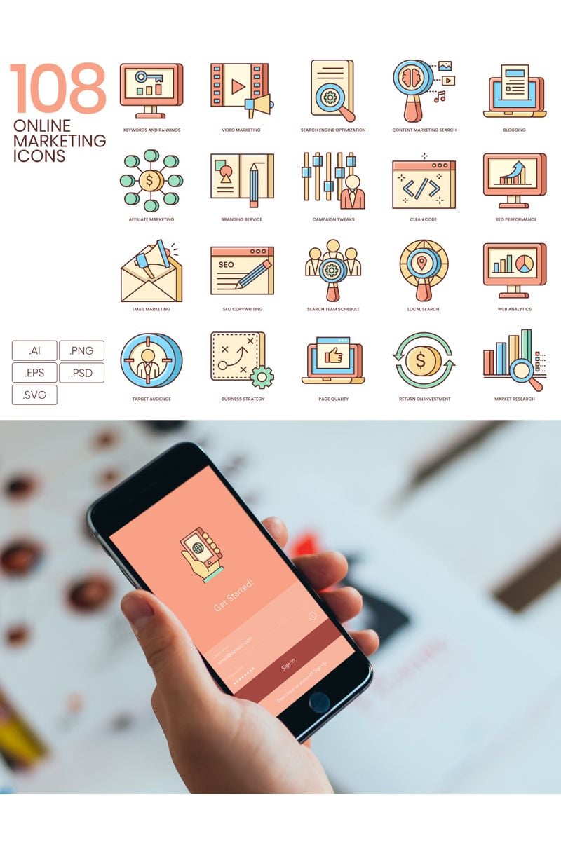 108 Online Marketing Icons - Honey Series Iconset Template - screenshot