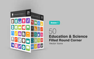 50 Education & Science Filled Round Corner Icon Set