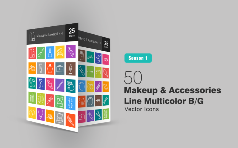 50 Makeup & Accessories Line Multicolor B/G Icon Set