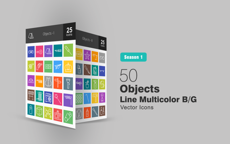 50 Objects Line Multicolor B/G Icon Set