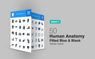 50 Human Anatomy Filled Blue & Black Icon Set
