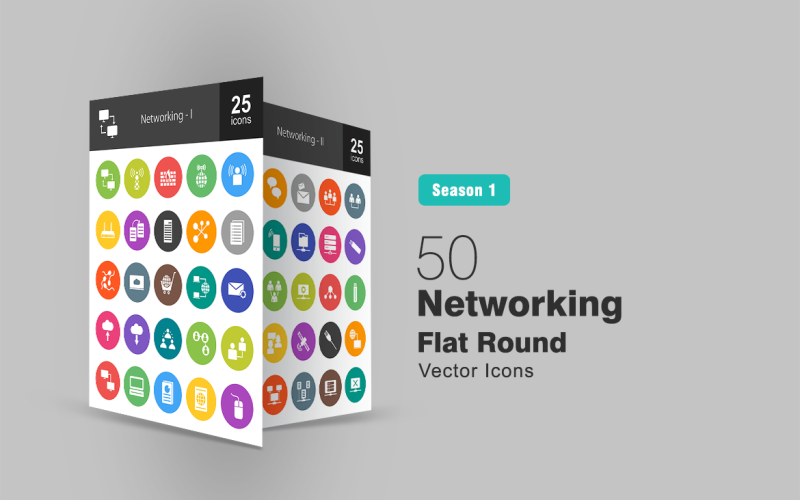 50 Networking Flat Round Icon Set
