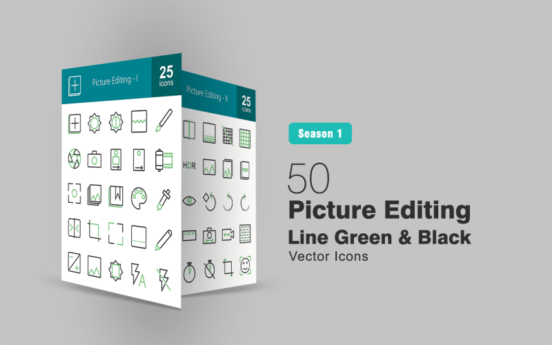 50 Picture Editing Line Green & Black Icon Set