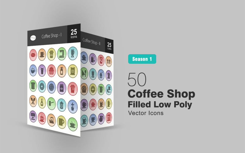 50 Coffee Shop Filled Low Poly Icon Set