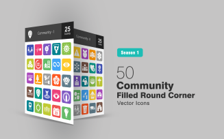 50 Community Filled Round Corner Icon Set
