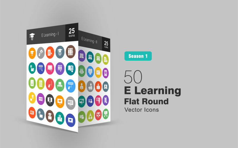 50 E Learning Flat Round Icon Set