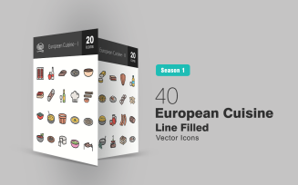 40 European Cuisine Filled Line Icon Set