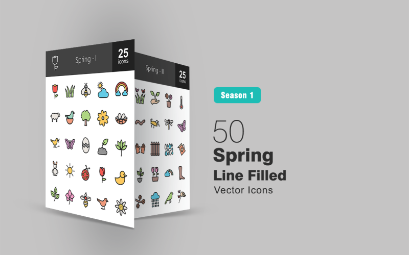 50 Spring Filled Line Icon Set