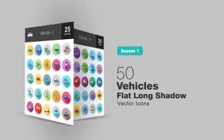 50 Vehicles Flat Long Shadow Icon Set