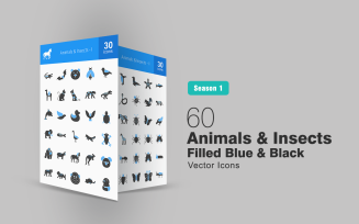 60 Animals & Insects Filled Blue & Black Icon Set