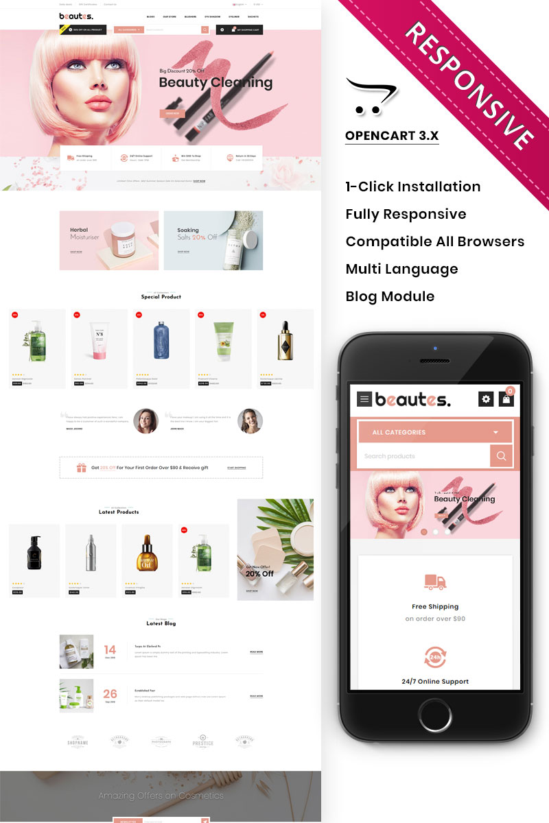 "Beautes - The Mega Cosmetic Store" thème OpenCart adaptatif #92834 - screenshot